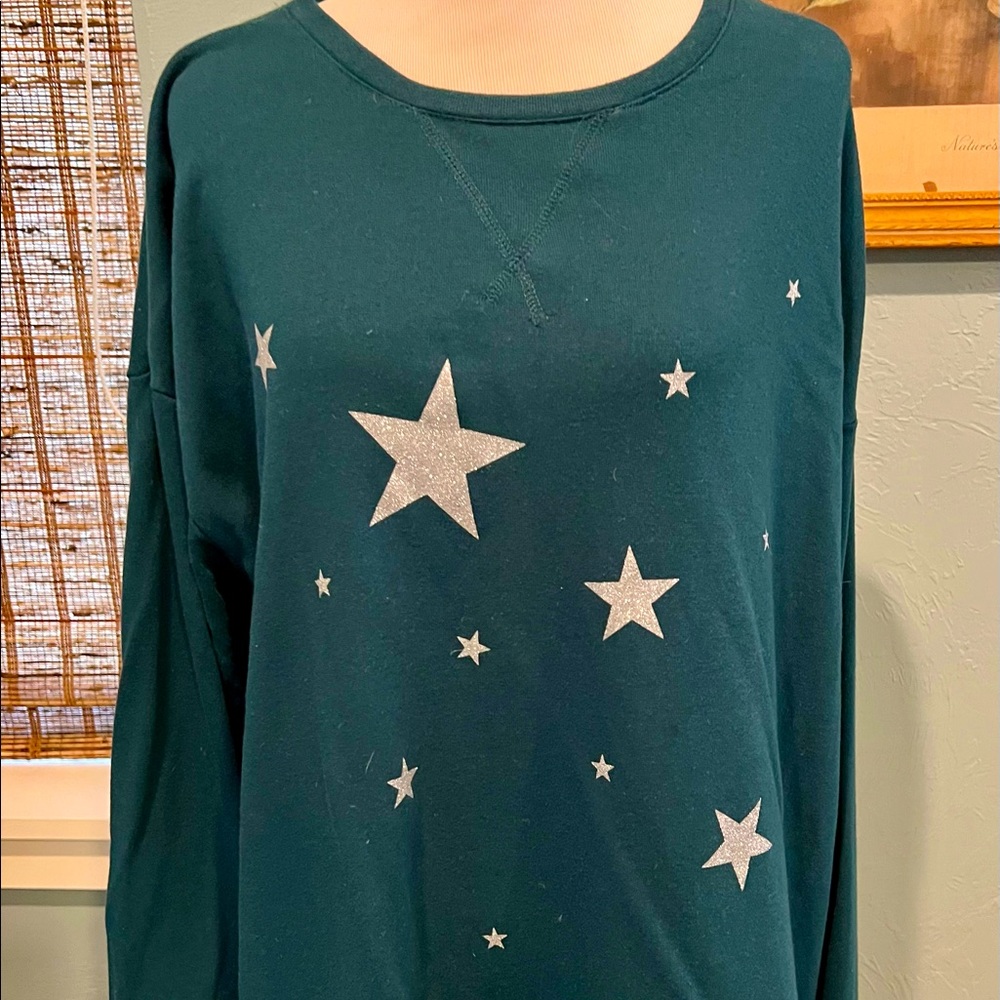 EUC Lane Bryant sz 18/20 Teal Scattered Stars High Low Graphic Sweatshirt
